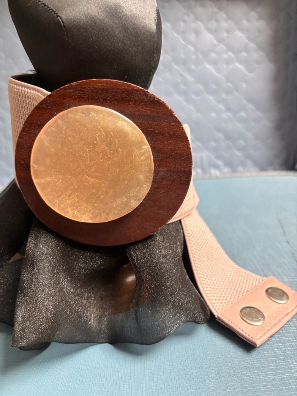 Wide Pink Elastic Belt with Wood and Gold Disc Buckle